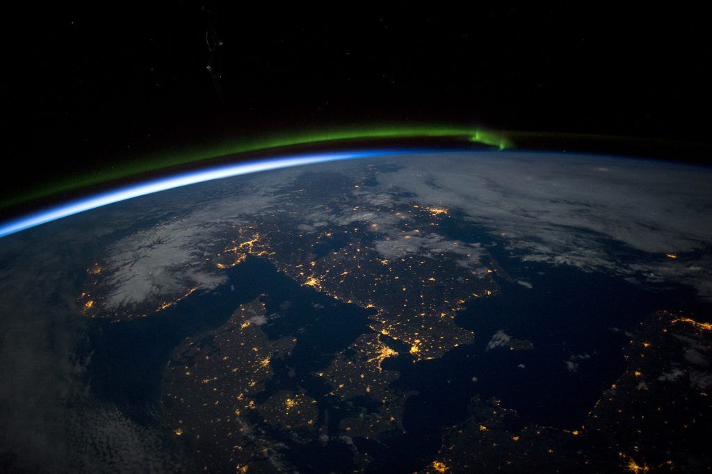 Aurora over Scandinavia at night from the International Space Station.